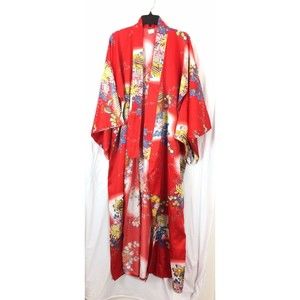Japanese Kimono Women’s Robe Red Floral Japan Inspired Print Preowned One Size